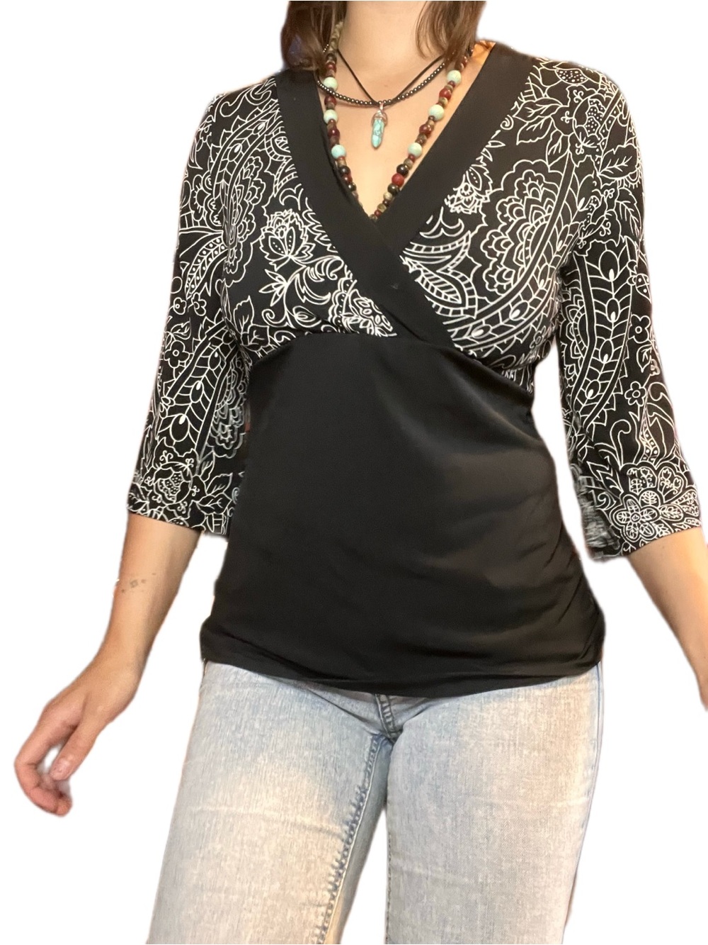 REITMANS Black White Paisley Print Cross-Over Tunic Top Bell Sleeve Empire Y2K S